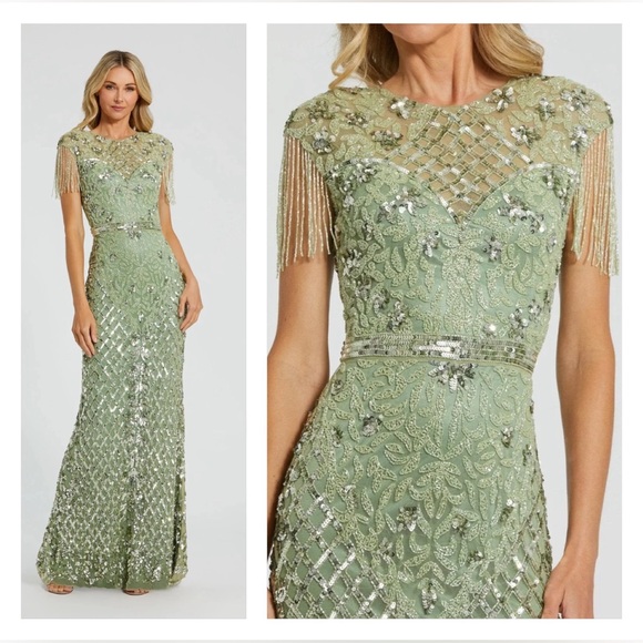 Mac Duggal 4908 NWT Green High Neck Sleeveless Beaded Fringe Fitted Gown - Picture 1 of 6